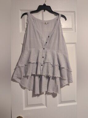True Craft Light Blue Plaid Tiered Peplum High-Low Fringed Tank Top